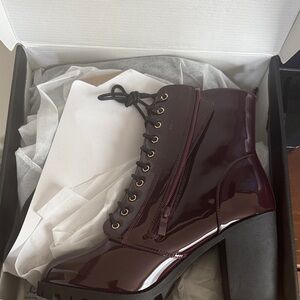 Fashion Nova Glossy Burgundy Lace-Up Boots